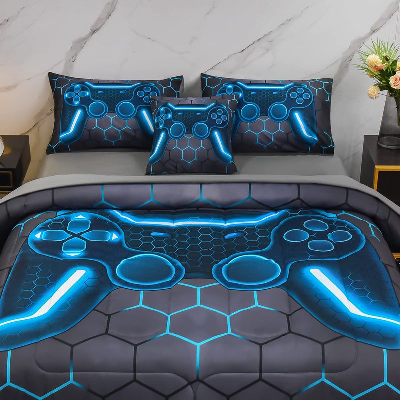 Keyroal 6Pcs Game Console Comforter Set with Sheets for Boys Girls Kids Teens, Geometric Gaming Themed Bed in A Bag Full Size, Blue 3D Video Gamer Controller Bedroom Decor Bedding Set - Image 3